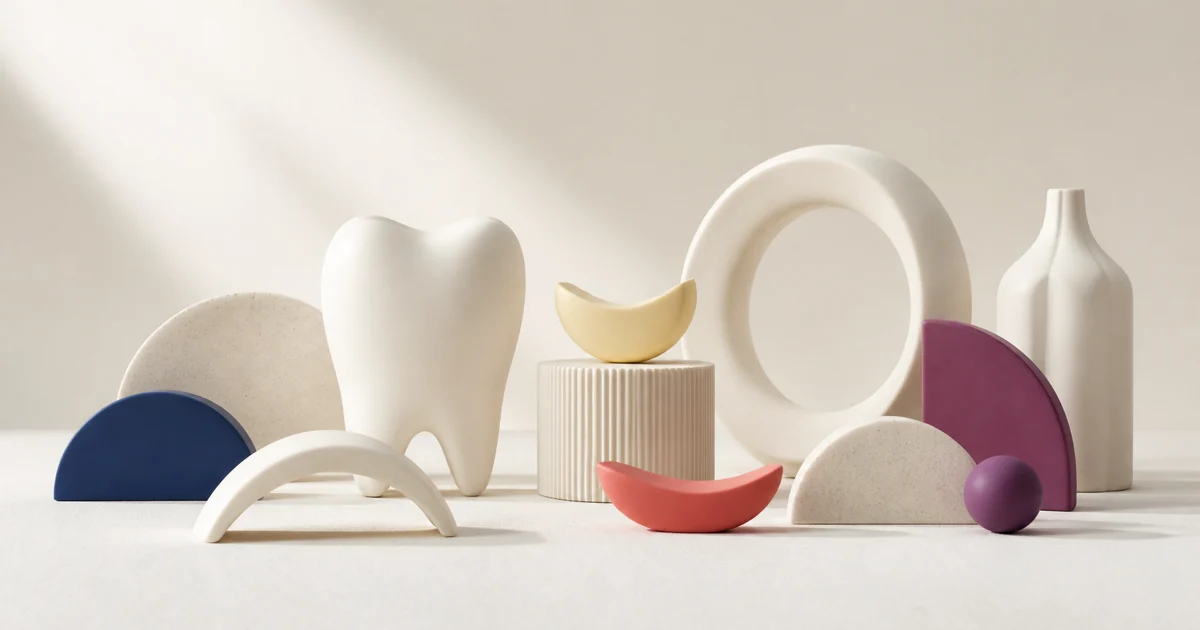 dentOrama için hazırlanmış seramik diş formu ve renkli geometrik yüzeyler